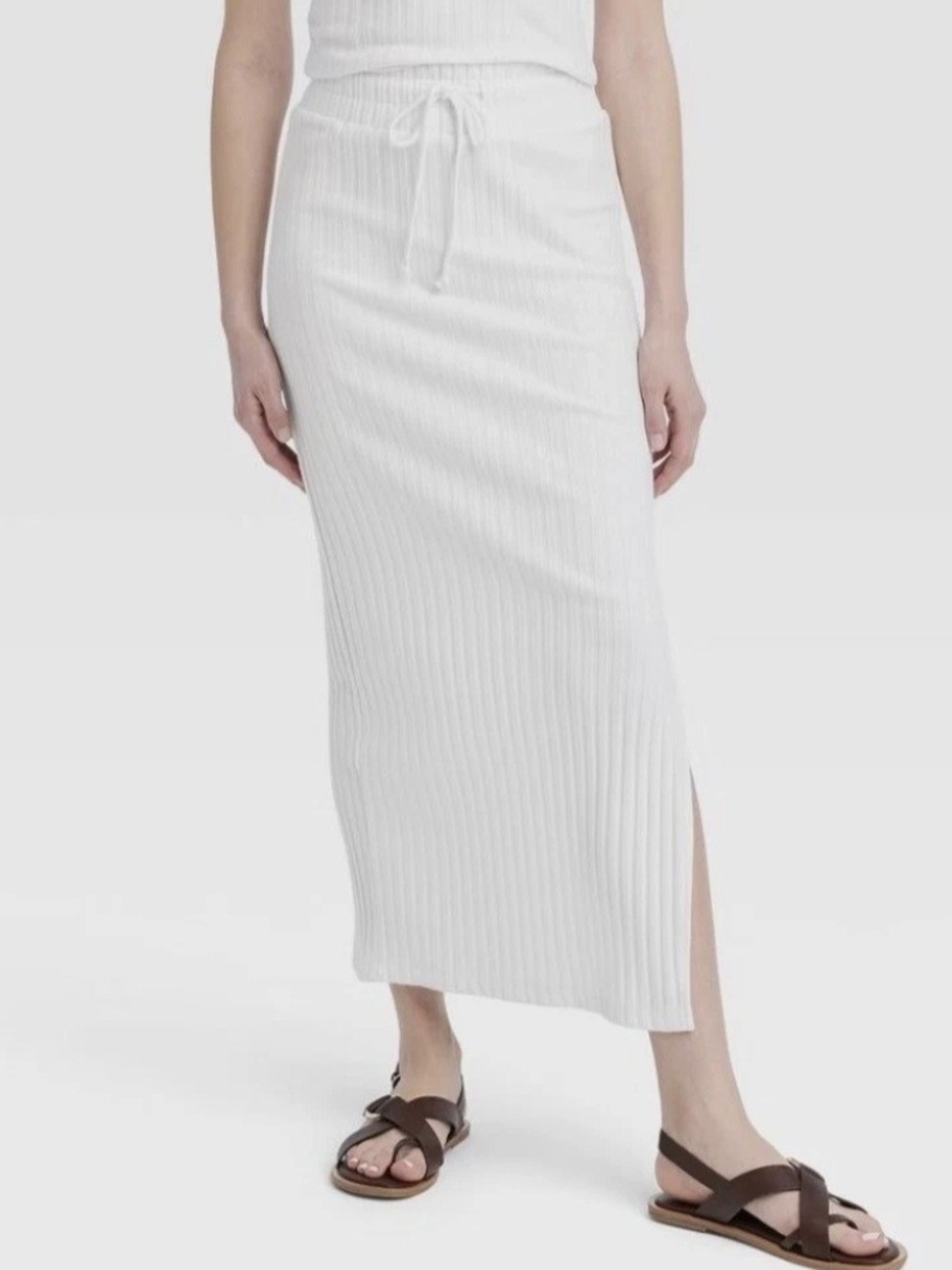Universal Thread Ribbed Knit White Drawstring Maxi Skirt